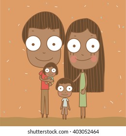 Illustration cute happy black family with dad mom and two children.