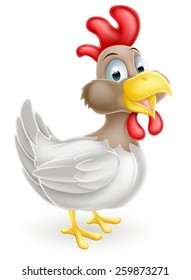 An illustration of a cute happy cartoon chicken bird