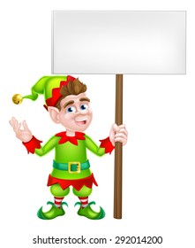 An illustration of a cute happy cartoon Christmas Elf or one of Santa s Christmas with a sign board helpers