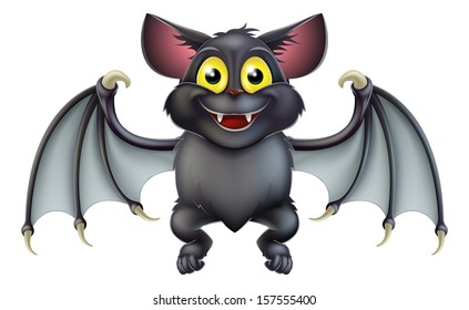 An illustration of a cute happy cartoon Halloween bat character