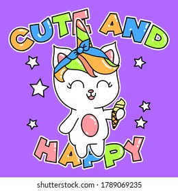 ILLUSTRATION OF A CUTE AND HAPPY CAT WITH AN ICE CREAM CONE, SLOGAN PRINT VECTOR