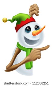 Illustration of a cute happy Christmas snowman in pixie or elf hat pointing