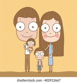 Illustration cute happy family with dad mom and two children.
