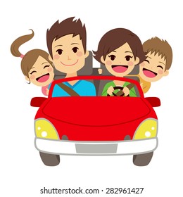 Illustration of cute happy family of four members smiling on car