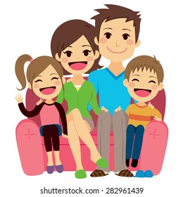 Illustration of cute happy family of four people sitting on sofa
