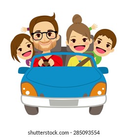 Illustration of cute happy family of four members traveling on blue car