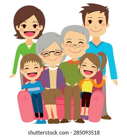 Illustration of cute happy family with mother dad son daughter grandfather and grandmother