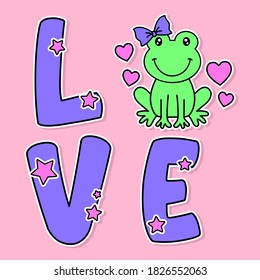 ILLUSTRATION OF A CUTE AND HAPPY FROG WITH A BOW ON TOP OF THE HEAD, SLOGAN PRINT VECTOR