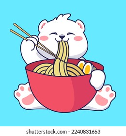 illustration of the cute happy funny white bear eating noodles from the bowl. Vector flat cartoon kawaii character illustration icon design. Bear eat noodle, ramen