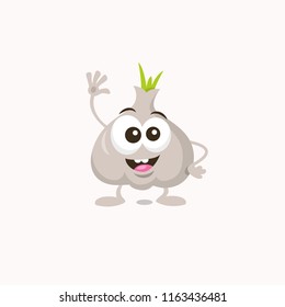 Illustration of cute happy garlic mascot greeting someone with big smile isolated on light background. Flat design style for your mascot branding.
