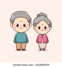 Illustration Of Cute Happy Grandparent Kawaii Chibi Character Design Valentines Day Couple