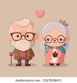 Illustration of cute happy grandparent kawaii chibi character design valentines day couple flat