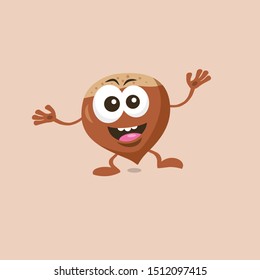 Illustration of cute happy hazelnut mascot with big smile isolated on light background. Flat design style for your mascot branding.	