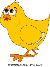 Illustration of a cute happy little yellow Easter chick with its wings