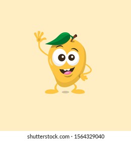 Illustration of cute happy mango mascot greeting someone with big smile isolated on light background. Flat design style for your mascot branding.