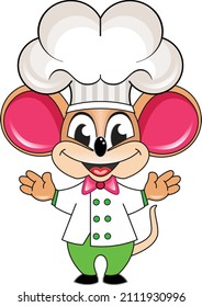 Illustration of a cute, happy mouse with a chef's hat and a traditional double-breasted chef's uniform holding their hands up. Pink and green pastel colors on a white background.