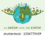 Illustration of cute, happy and prosperous Earth in harmony. Save and protect planet Earth. Conceptual ecological illustration for poster or banner.