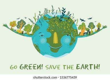 Illustration of cute, happy and prosperous Earth in harmony. Save and protect planet Earth. Conceptual ecological illustration for poster or banner.