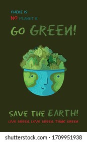 Illustration of cute, happy and prosperous green Earth in harmony. Save and protect forests. Conceptual ecological illustration for poster or banner.