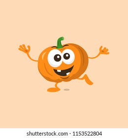 Illustration of cute happy pumpkin mascot standing on one foot with big smile isolated on light background. Flat design style for your mascot branding.