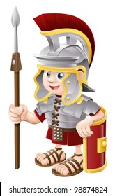 Illustration of a cute happy Roman soldier holding a spear and a shield