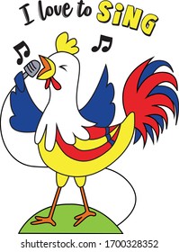 Illustration of a cute and happy rooster who loves to sing