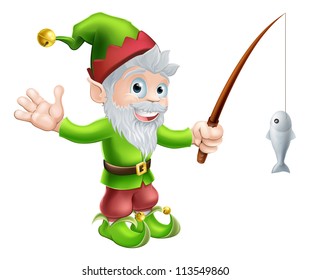 Illustration of a cute happy waving garden gnome elf character or mascot with a fishing rod