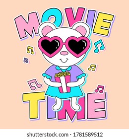 ILLUSTRATION OF A CUTE AND HAPPY WHITE BEAR HOLDING A POP CORN BUCKET