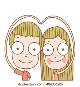 Illustration cute happy white couple pose heart on white background.