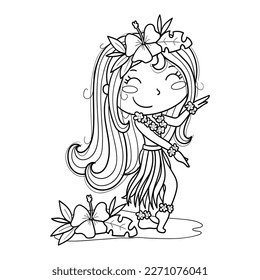 Illustration of a cute Hawaiian girl in black and white, dancing the hula hula. Coloring page
