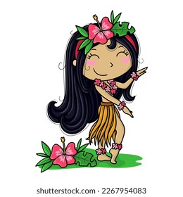 Illustration of a cute Hawaiian girl dancing the hula hula. Vector illustration