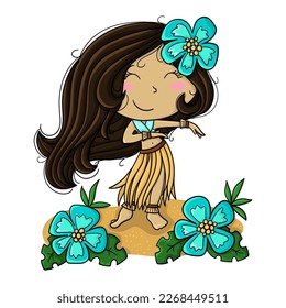 Illustration of a cute Hawaiian girl dancing, with a blue tropical flowers. Vector illustration