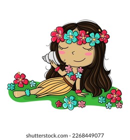 Illustration of a cute Hawaiian girl sitting on the ground listening to the sound of a conch shell. Vector drawing