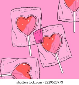 Illustration with cute heart shaped lollipop in transparent plastic pack. Girly design with sweet candy. Flat style. Hand Drawn vector illustration