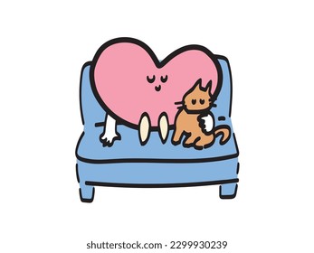 Illustration of a cute heart-shaped character hugging a pet cat and spending time relaxing