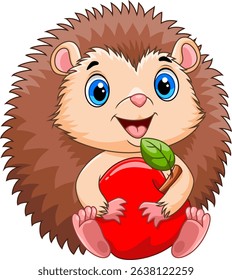 Illustration of Cute hedgehog cartoon smiling while holding an apple