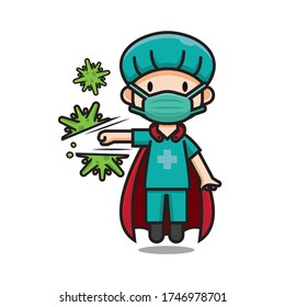 Illustration of Cute Hero Nurse Hitting Corona Virus Vector. The Concept of Isolated Technology. Flat Cartoon Style Suitable for Landing Web Pages, Banners, Flyers, Stickers, Cards