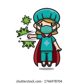 Illustration of Cute Hero Nurse Hitting Corona Virus Vector. The Concept of Isolated Technology. Flat Cartoon Style Suitable for Landing Web Pages, Banners, Flyers, Stickers, Cards