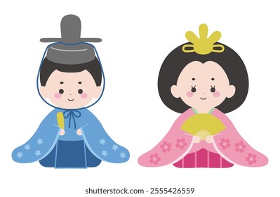 Illustration of cute Hina dolls. Vector, Hina dolls decoration, Hinamatsuri, Peach Festival