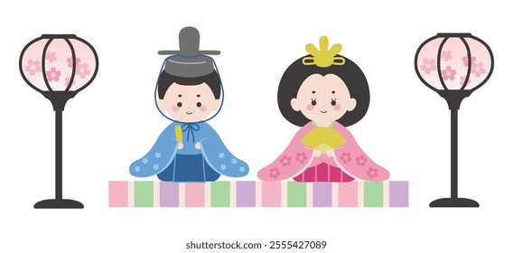 Illustration of cute Hina dolls. Vector, Hina dolls decoration, Hinamatsuri, Peach Festival