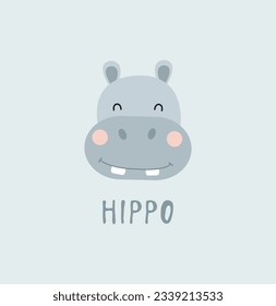 Illustration of a cute hippo on a light blue background.