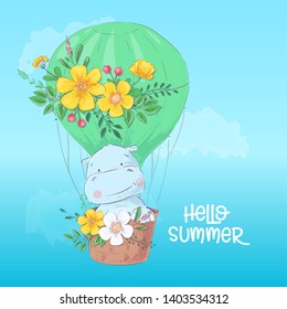 Illustration of a cute hippopotamus in a balloon. Hand draw