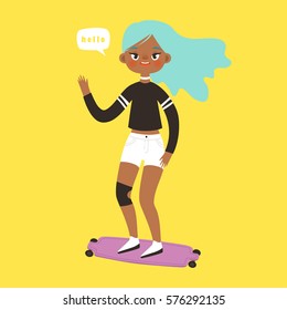 illustration of cute hipster girl with blue hair on bright yellow background. vector cartoon female character. cute skater girl
