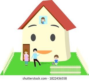 Illustration of a cute home and a happy family