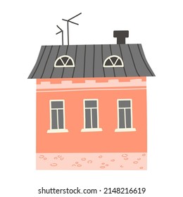 Illustration eines süßen Hauses im flachen Stil. Minimalistisches Stadtgebäude auf weißem Hintergrund. Vektorgrafik