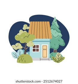 Ilustración de casa linda con árboles sobre fondo azul. Casa Country de estilo escandinavo. Paisaje de la ciudad del Vector para las cosas y la ropa de los niños