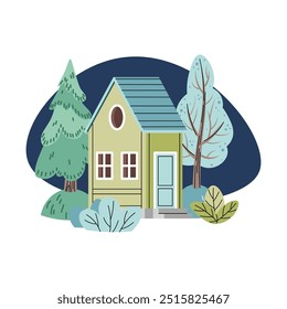 Ilustración de casa linda con árboles sobre fondo azul. Casa Country de estilo escandinavo. Paisaje de la ciudad del Vector para las cosas y la ropa de los niños