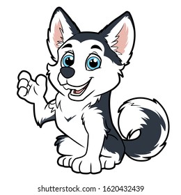 Illustration of a cute husky dog waving paw on a white background