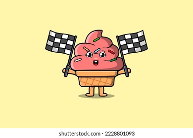 Illustration of cute Ice cream cartoon character holding crossed checkered race flag