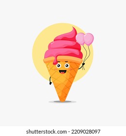 Illustration of cute ice cream character carrying balloon